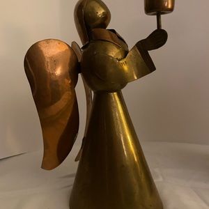 Vintage Hand Made Mexican Brass & Copper Folk Art Angel Candleholders pray hands
